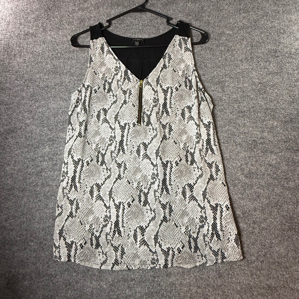 Express Womens Snakeskin Print Half Zip Mixed Media Tank Top Gray Black Large